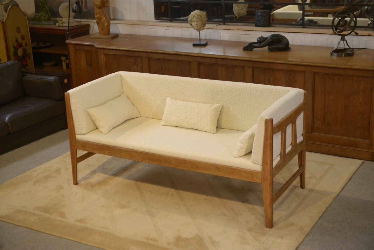 Oak Sofa With Ecru Looped Fabric By Guillerme And Chambron For Votre Maison, 1960s