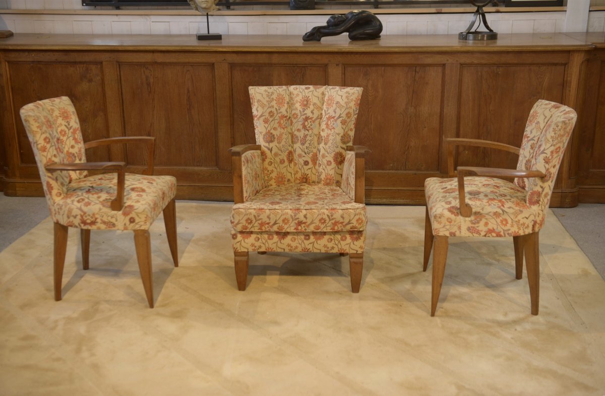 Set Of Two Bridge Armchairs And One Armchair Attributed To Jules Leleu, 1930s-photo-1