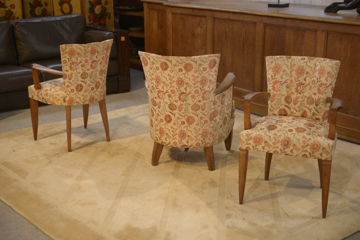 Set Of Two Bridge Armchairs And One Armchair Attributed To Jules Leleu, 1930s-photo-3