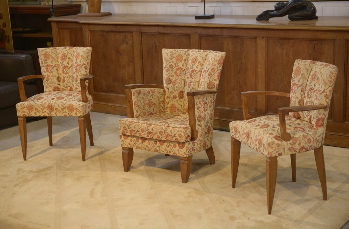 Set Of Two Bridge Armchairs And One Armchair Attributed To Jules Leleu, 1930s-photo-7