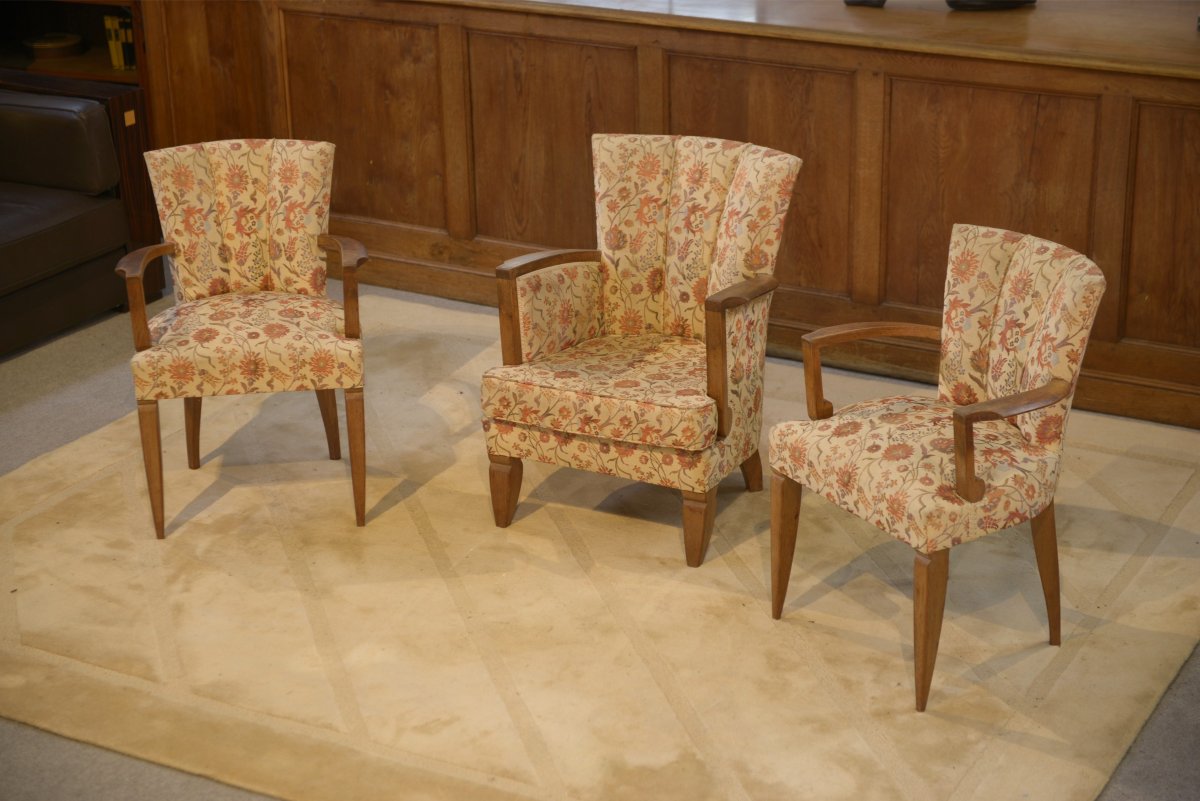Set Of Two Bridge Armchairs And One Armchair Attributed To Jules Leleu, 1930s