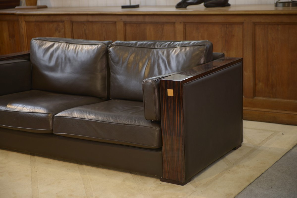 Minimalist Leather And Macassar Ebony Sofa From The 1980s-photo-2