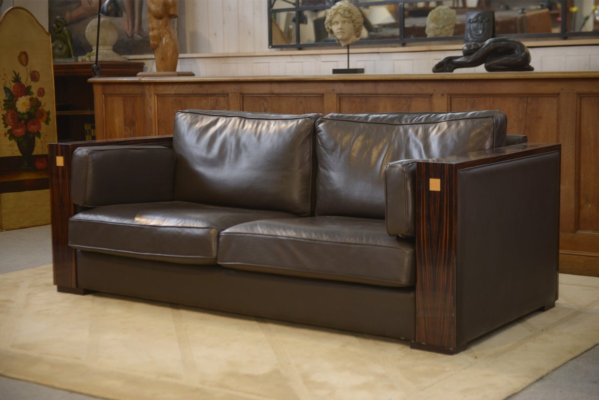 Minimalist Leather And Macassar Ebony Sofa From The 1980s-photo-1