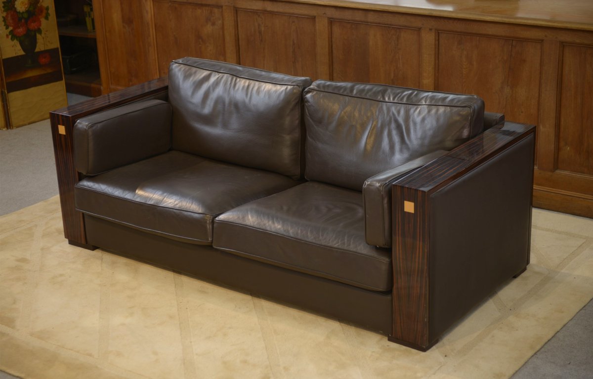 Minimalist Leather And Macassar Ebony Sofa From The 1980s-photo-3