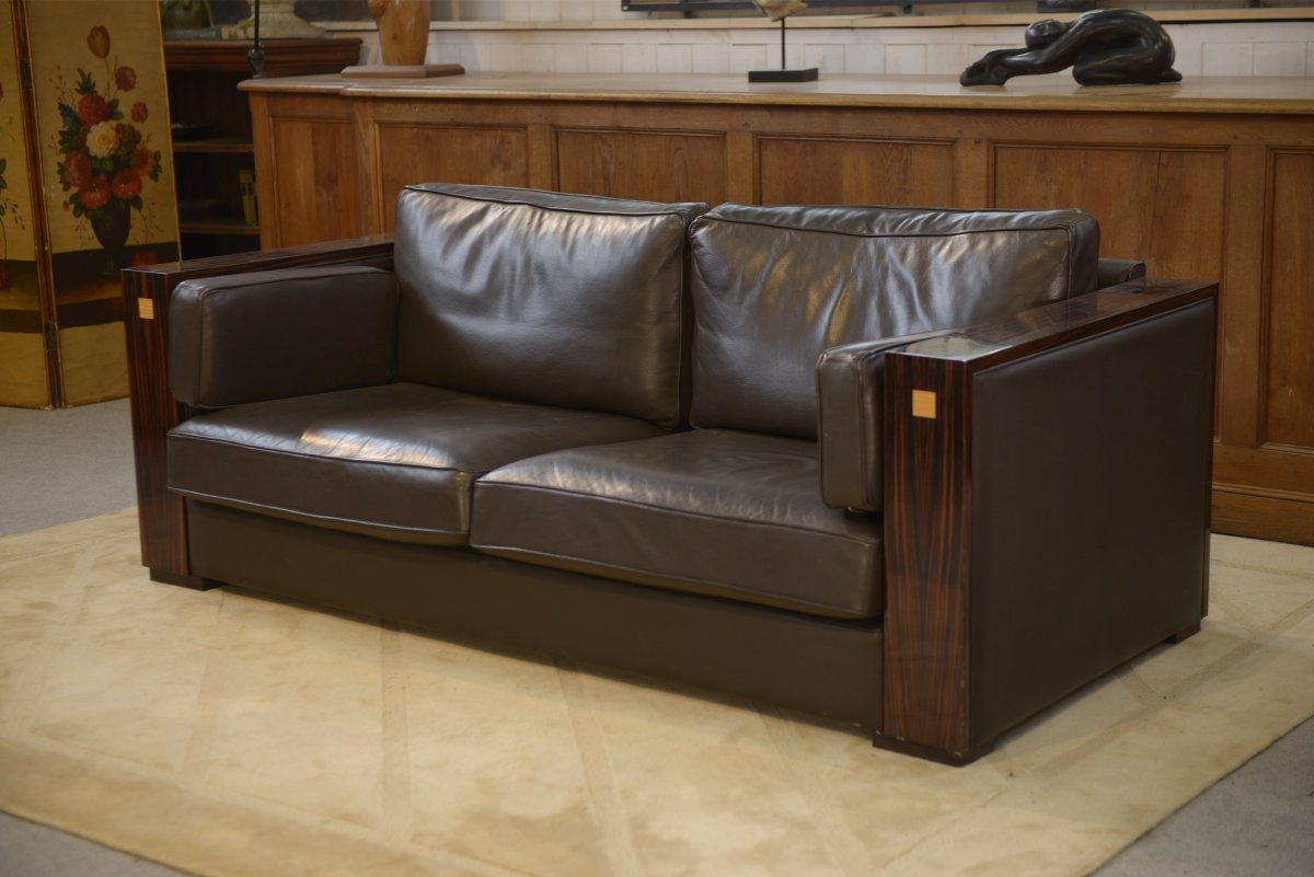 Minimalist Leather And Macassar Ebony Sofa From The 1980s