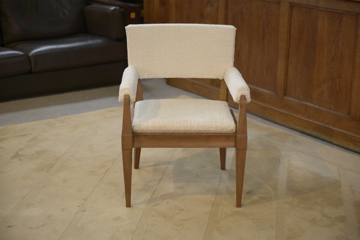 Fauteuil Art Déco moderniste en frêne et bouclettes écrues par Pierre Gouffé 1940's-photo-2