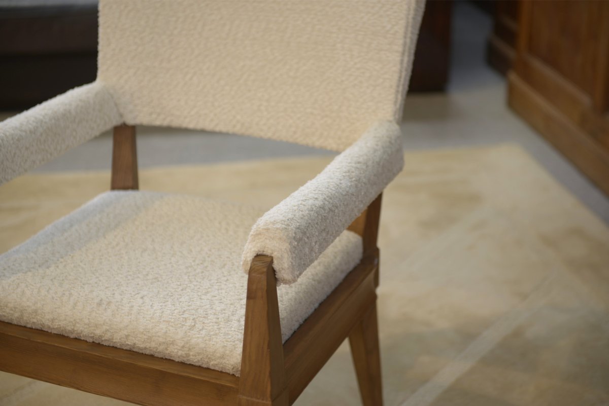 Fauteuil Art Déco moderniste en frêne et bouclettes écrues par Pierre Gouffé 1940's-photo-1