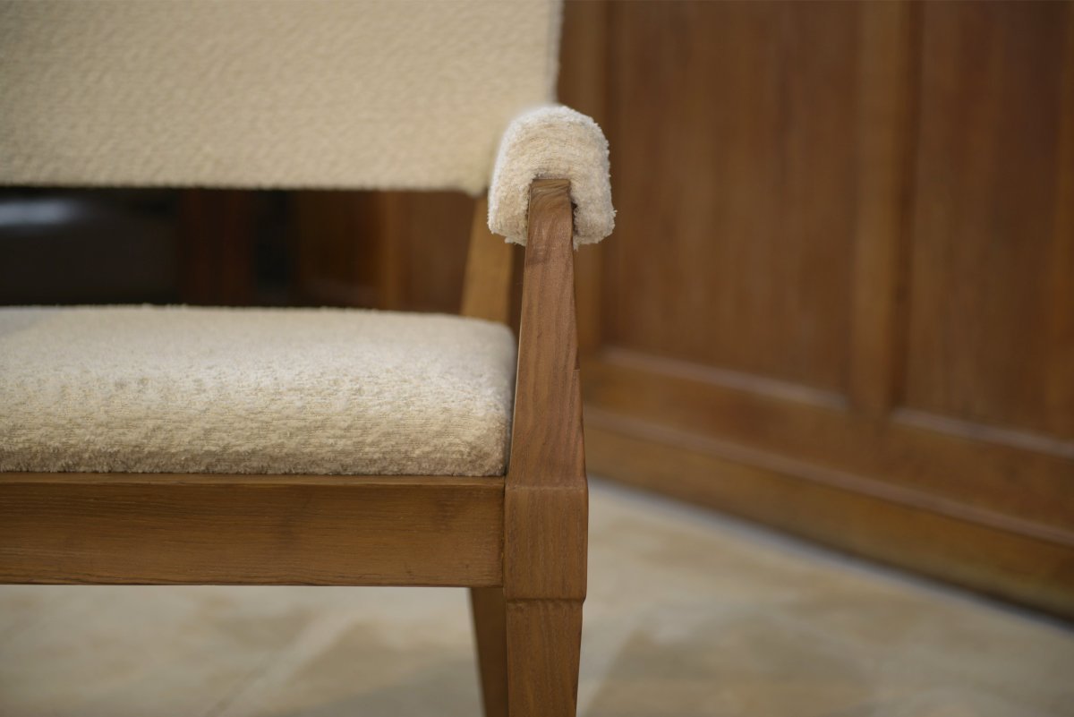 Fauteuil Art Déco moderniste en frêne et bouclettes écrues par Pierre Gouffé 1940's-photo-3