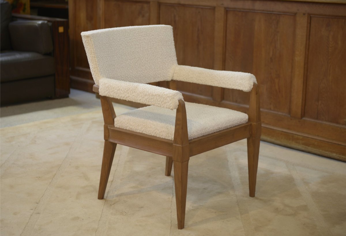 Fauteuil Art Déco moderniste en frêne et bouclettes écrues par Pierre Gouffé 1940's-photo-5
