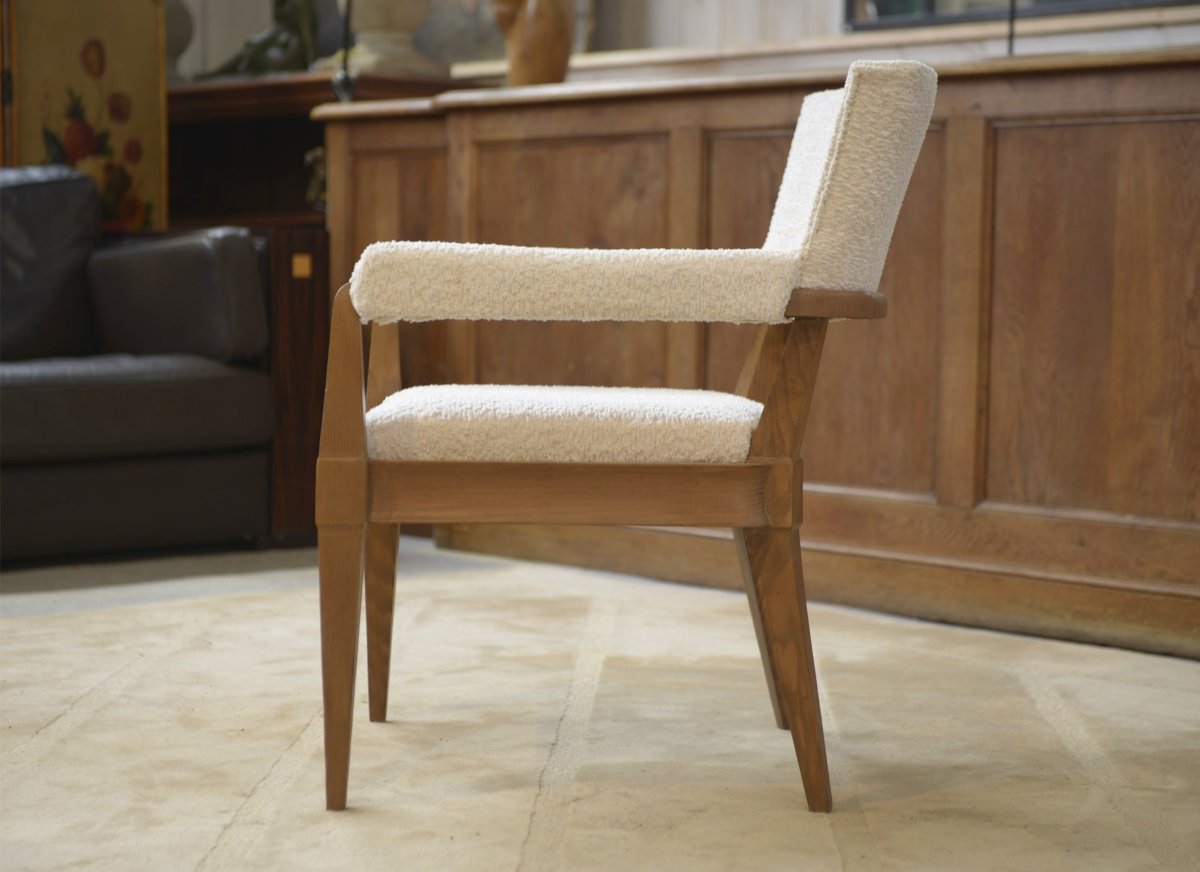 Fauteuil Art Déco moderniste en frêne et bouclettes écrues par Pierre Gouffé 1940's-photo-7