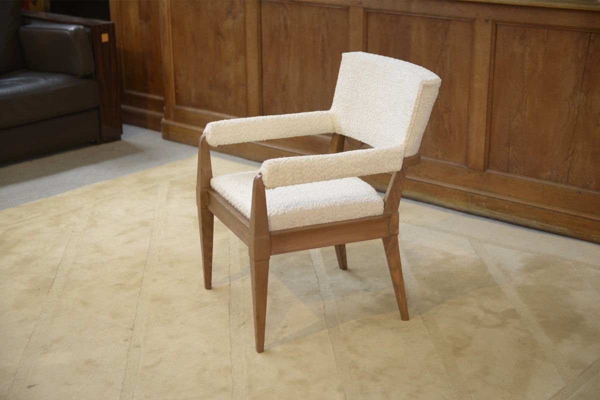 Fauteuil Art Déco moderniste en frêne et bouclettes écrues par Pierre Gouffé 1940's