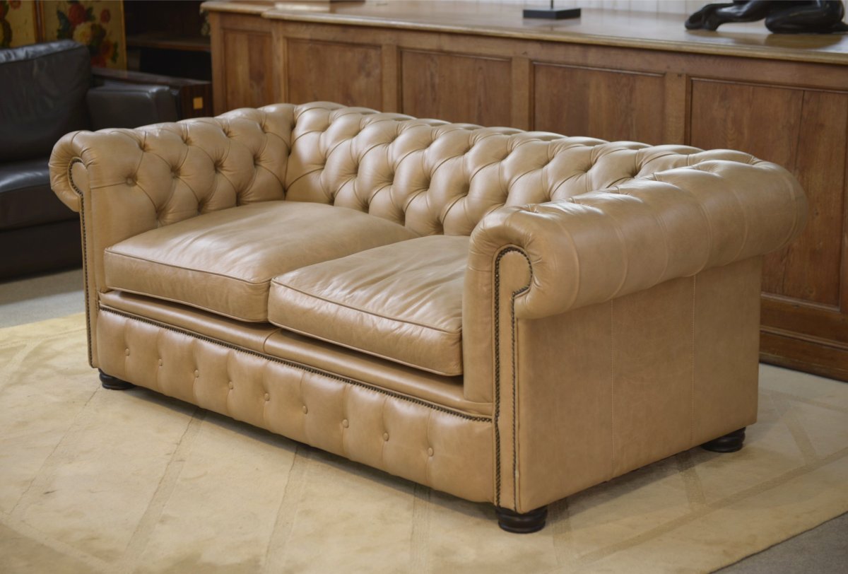 Beige Leather Chesterfield Sofa, Handcrafted In England