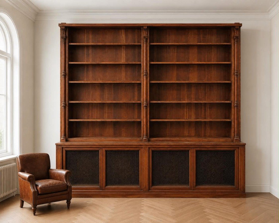 Imposant buffet deux corps/bibliothèque en chêne massif et noyer d'époque Napoléon III