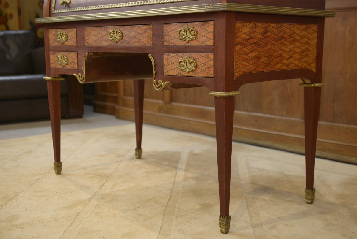 Louis XVI-style Cylinder Desk With Napoleon III-era Marquetry-photo-6