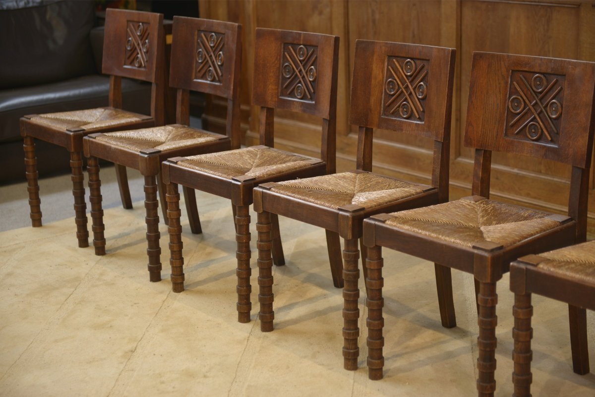 Set Of 6 Charles Dudouyt Oak Chairs From The 1950s-photo-3
