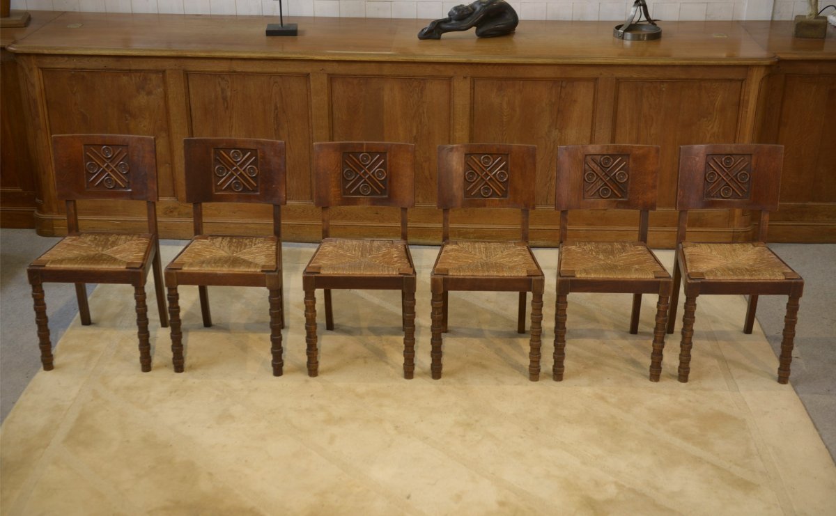 Set Of 6 Charles Dudouyt Oak Chairs From The 1950s-photo-1