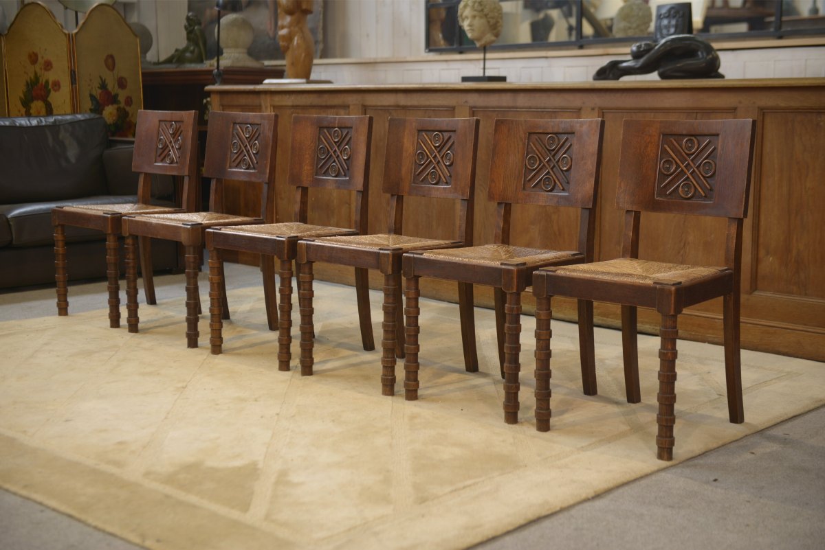 Set Of 6 Charles Dudouyt Oak Chairs From The 1950s