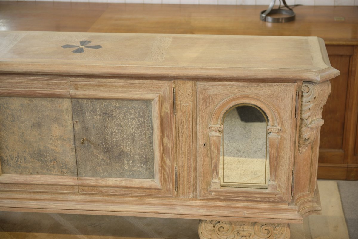 Large 4-door Sideboard In Ceruse Oak, With An églomée Mirror And 1950s Leather-photo-2