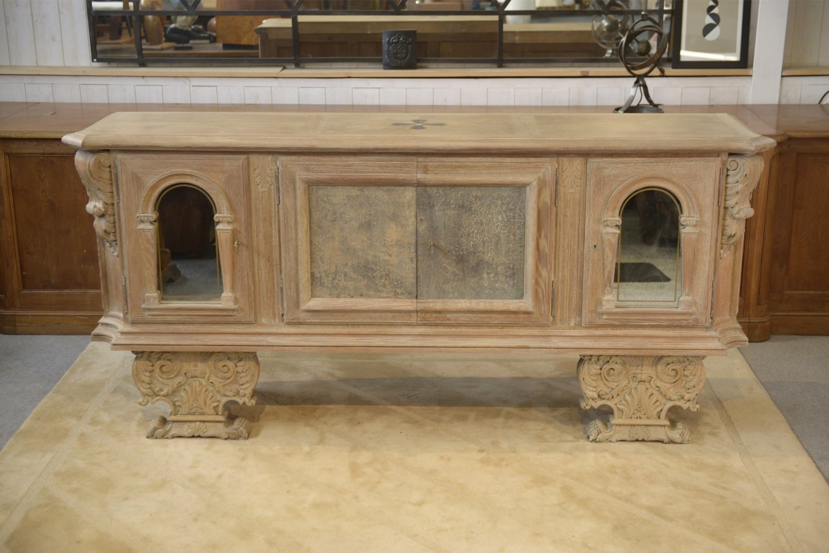 Large 4-door Sideboard In Ceruse Oak, With An églomée Mirror And 1950s Leather-photo-1