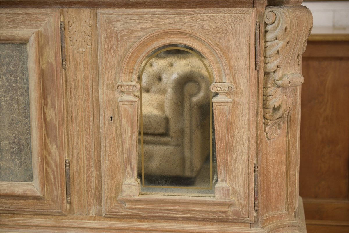 Large 4-door Sideboard In Ceruse Oak, With An églomée Mirror And 1950s Leather-photo-2
