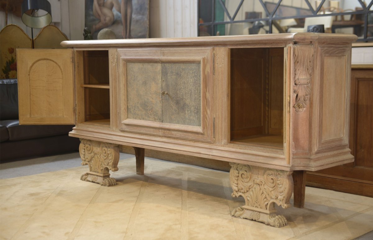 Large 4-door Sideboard In Ceruse Oak, With An églomée Mirror And 1950s Leather-photo-4