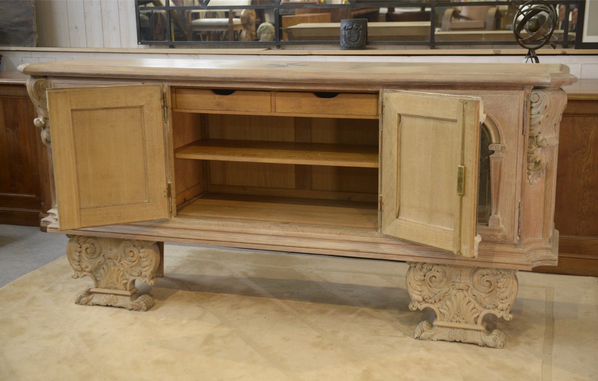 Large 4-door Sideboard In Ceruse Oak, With An églomée Mirror And 1950s Leather-photo-6