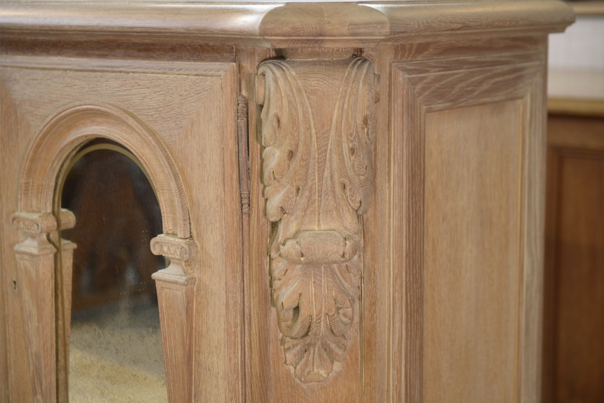Large 4-door Sideboard In Ceruse Oak, With An églomée Mirror And 1950s Leather-photo-7