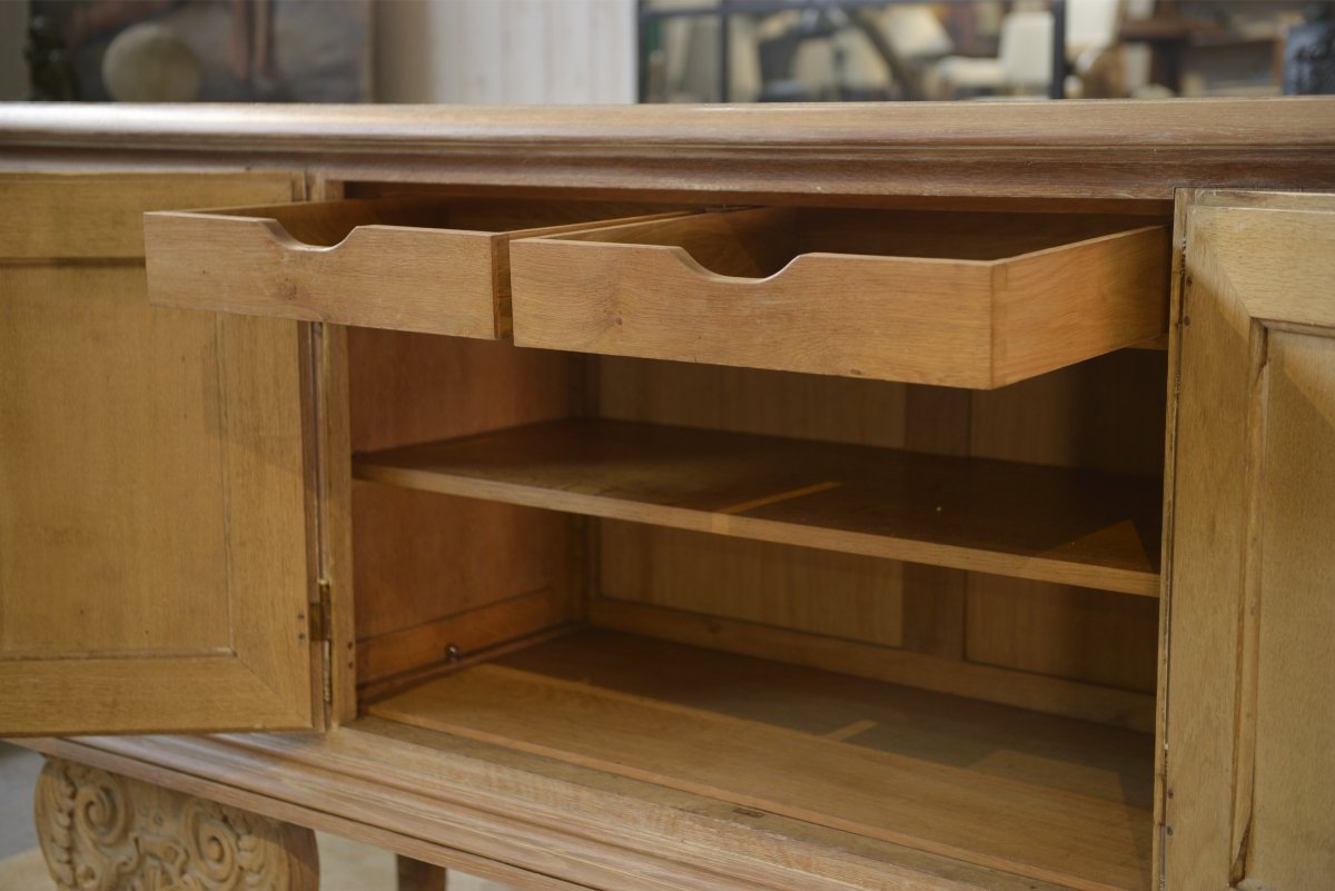 Large 4-door Sideboard In Ceruse Oak, With An églomée Mirror And 1950s Leather-photo-8