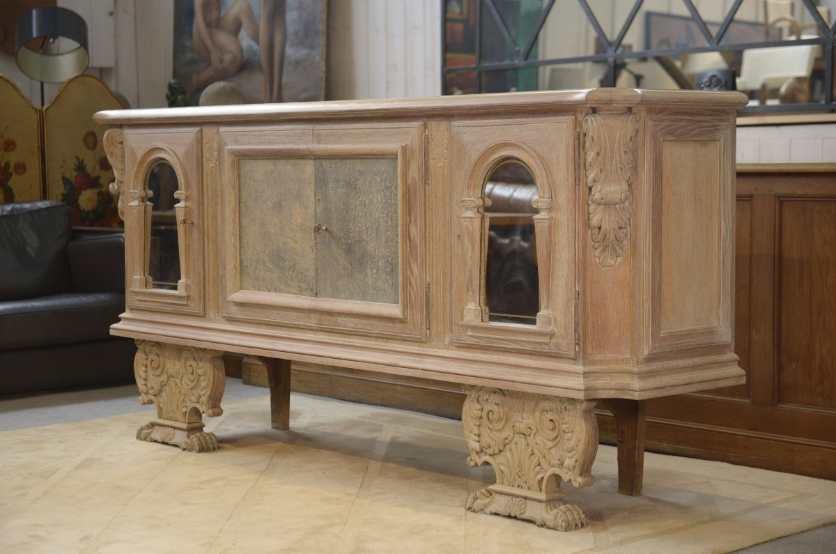 Large 4-door Sideboard In Ceruse Oak, With An églomée Mirror And 1950s Leather