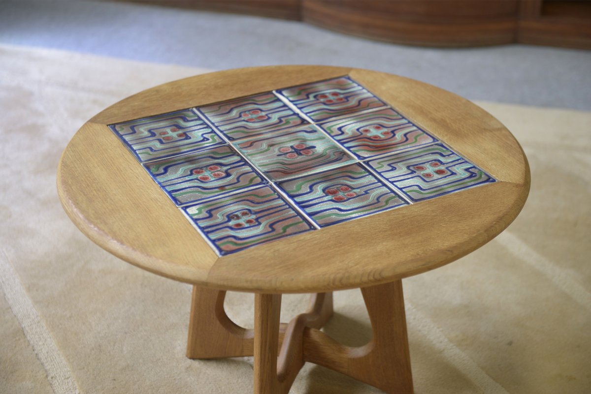 Oak Side Table/coffee Table By Guillerme And Chambron And Ceramics For Votre Maison-photo-2