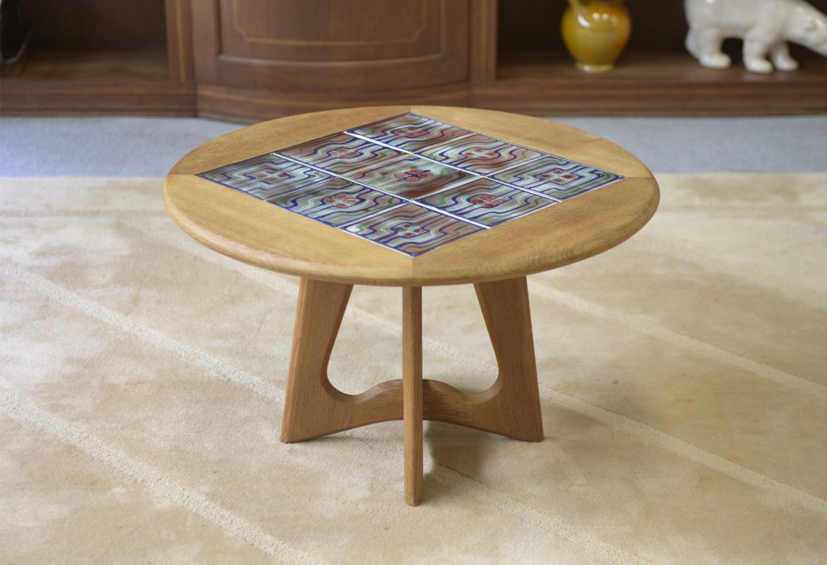Oak Side Table/coffee Table By Guillerme And Chambron And Ceramics For Votre Maison-photo-4