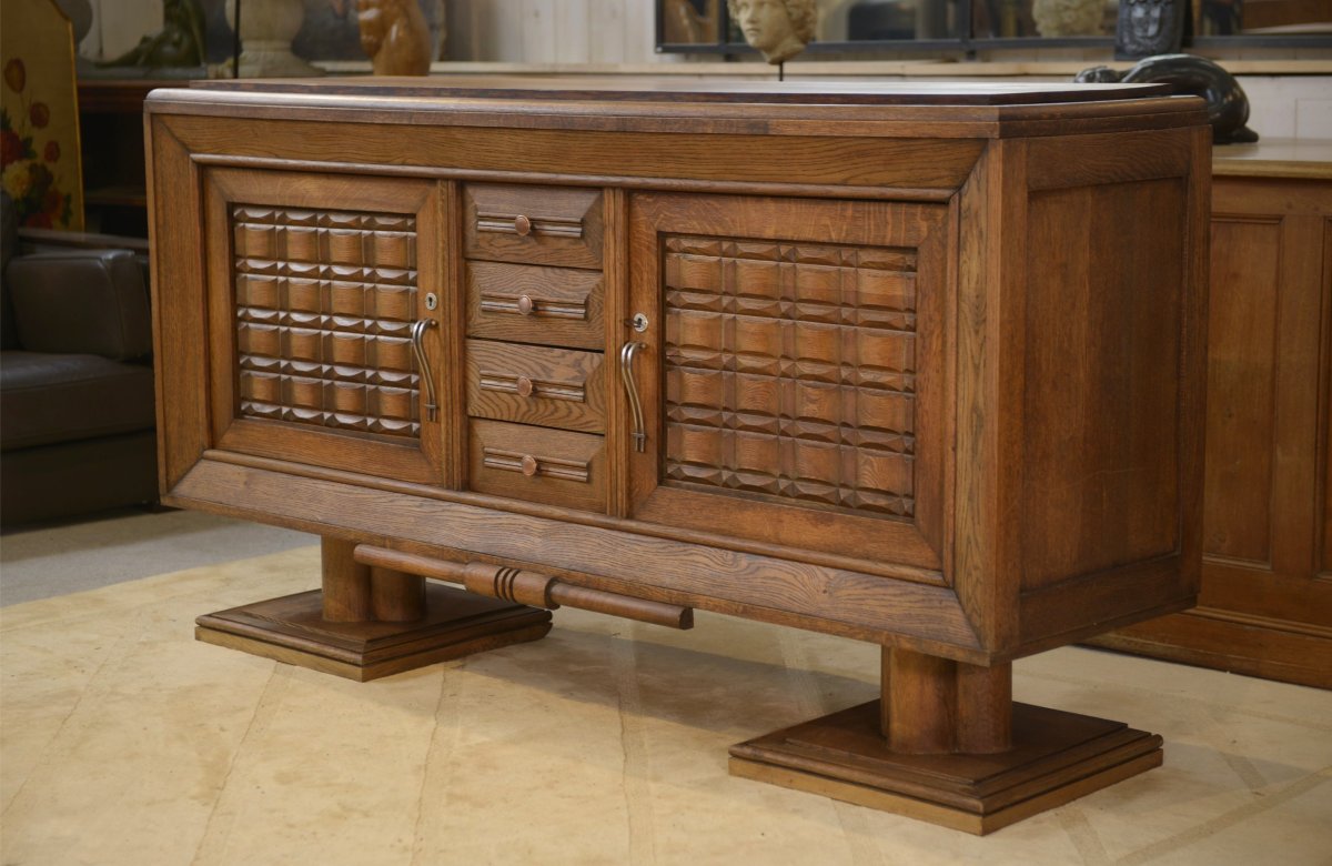A Brutalist Sideboard In The Style Of Charles Dudouyt, Made Of Oak, From The 1950s