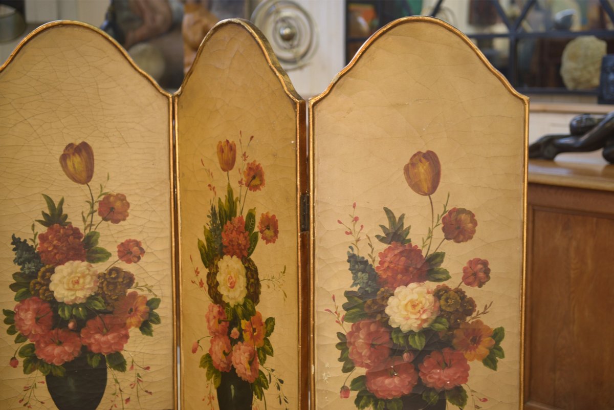 Paravent doré à la feuille peinture à l'huile à décor floral patine craquelée XIXème siècle-photo-2