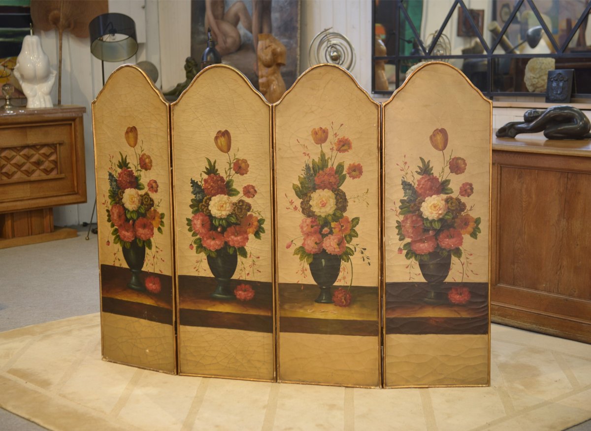Paravent doré à la feuille peinture à l'huile à décor floral patine craquelée XIXème siècle-photo-1