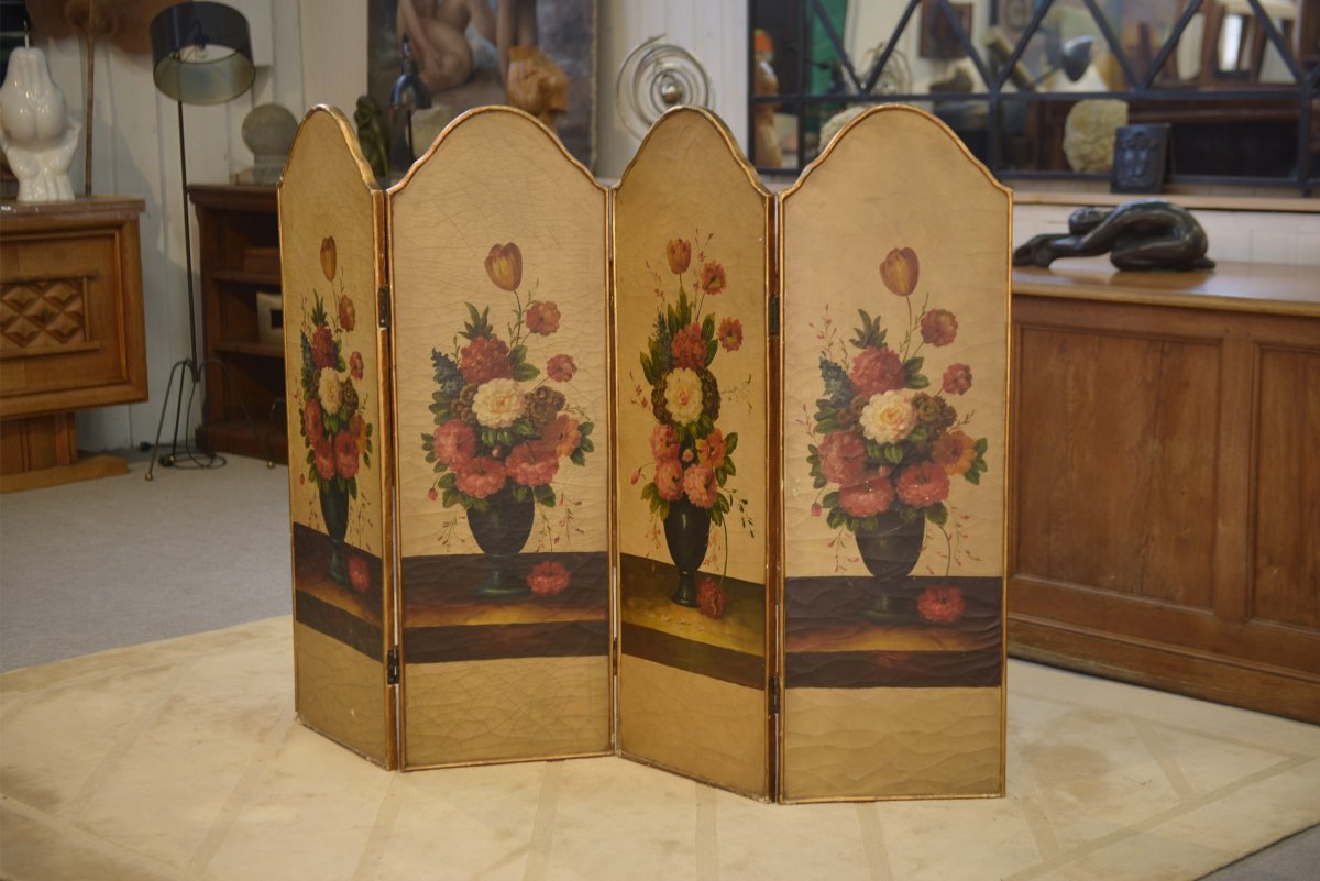 Paravent doré à la feuille peinture à l'huile à décor floral patine craquelée XIXème siècle-photo-4