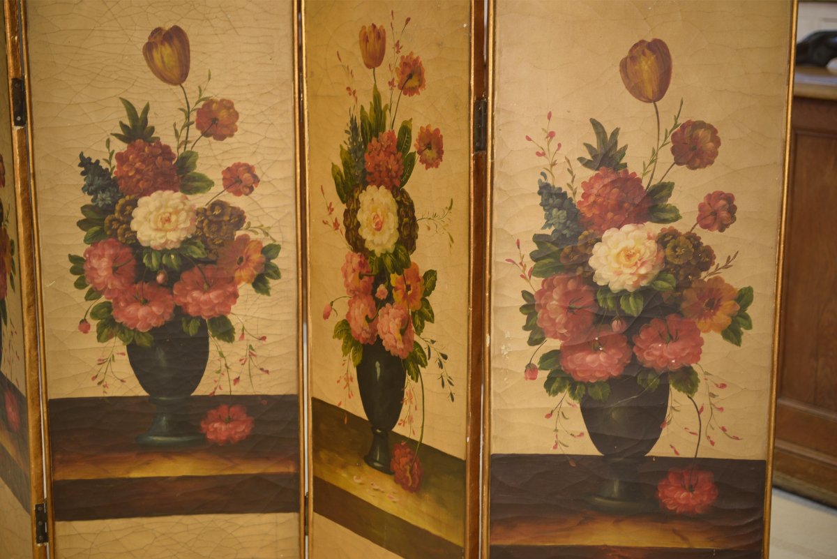 Paravent doré à la feuille peinture à l'huile à décor floral patine craquelée XIXème siècle-photo-5