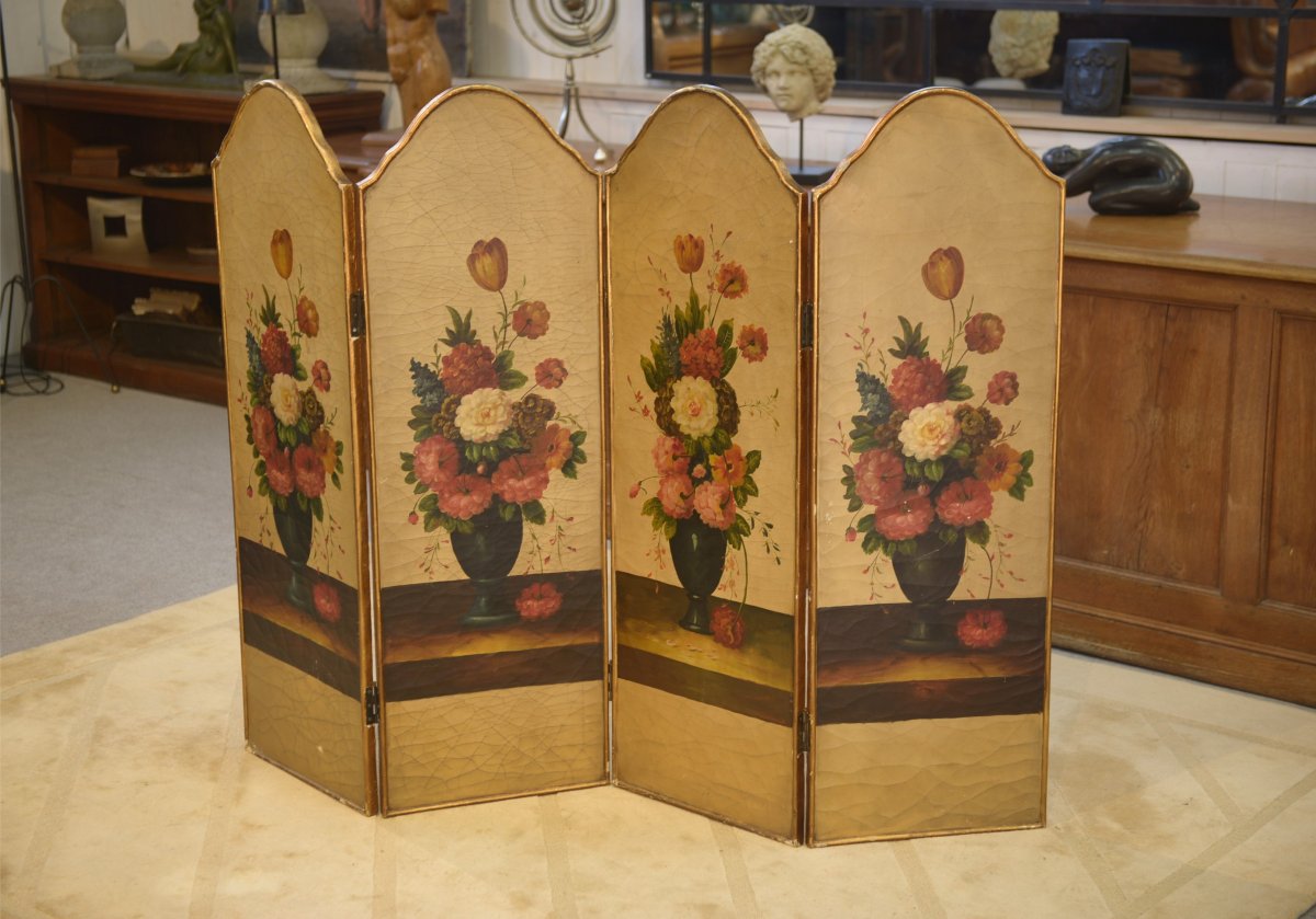 Paravent doré à la feuille peinture à l'huile à décor floral patine craquelée XIXème siècle
