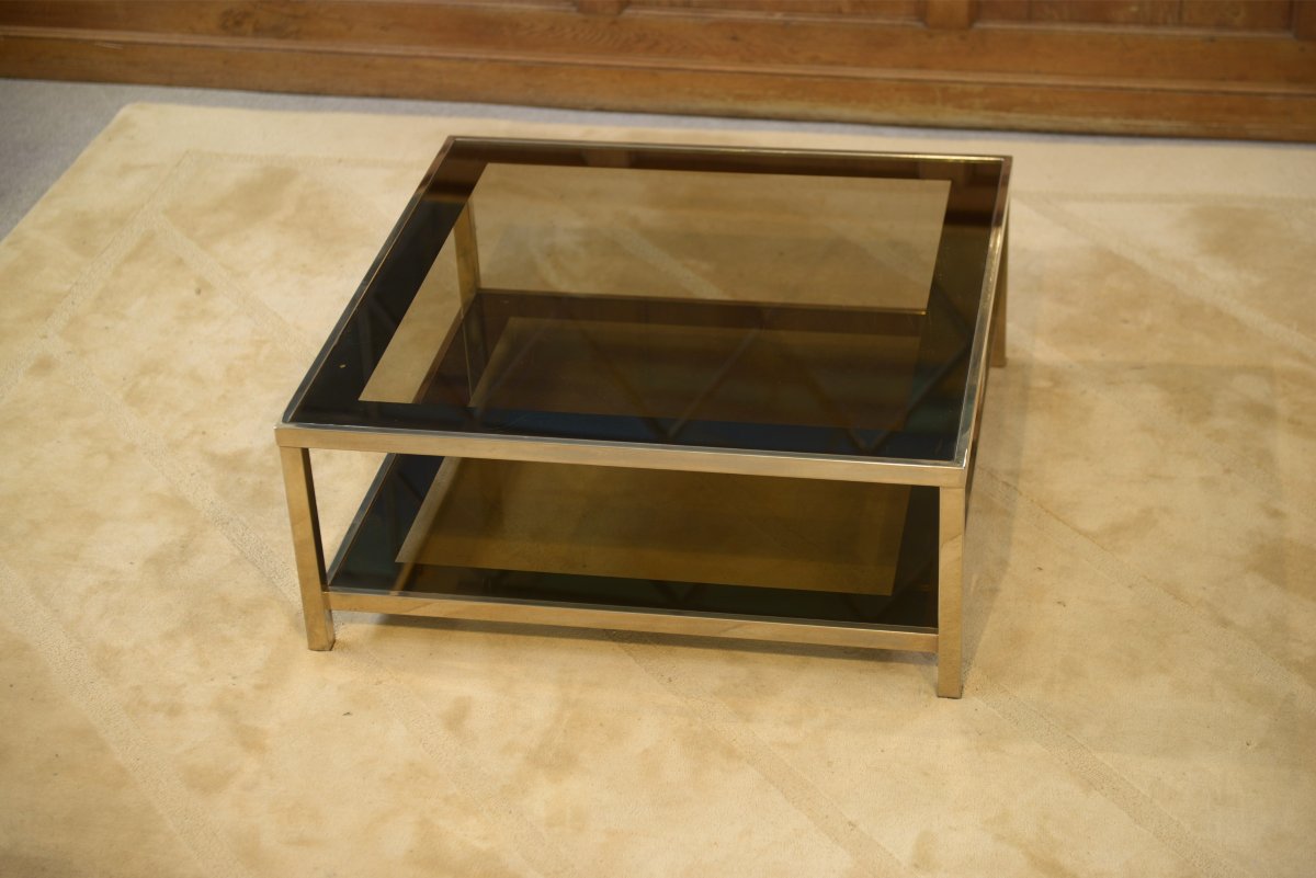 Table basse Hollywood Regency en verre fumé et encadrement miroité 1970's-photo-2