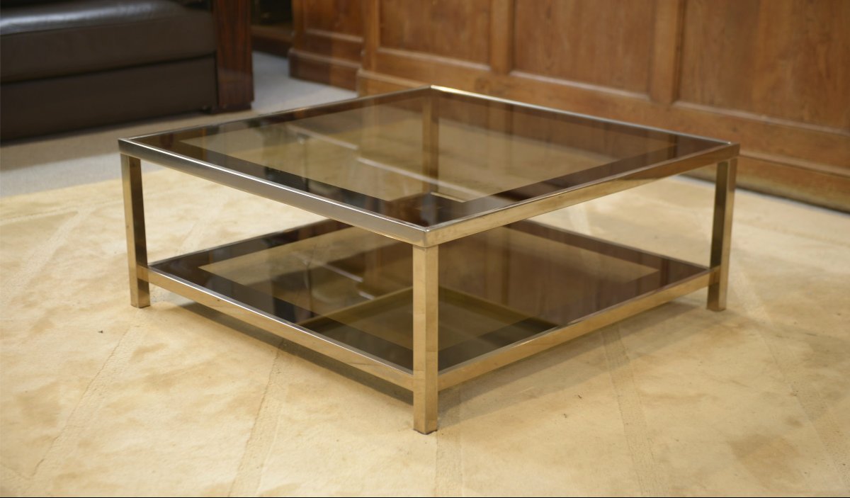 Table basse Hollywood Regency en verre fumé et encadrement miroité 1970's-photo-4