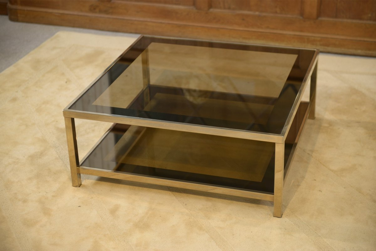 Table basse Hollywood Regency en verre fumé et encadrement miroité 1970's-photo-2