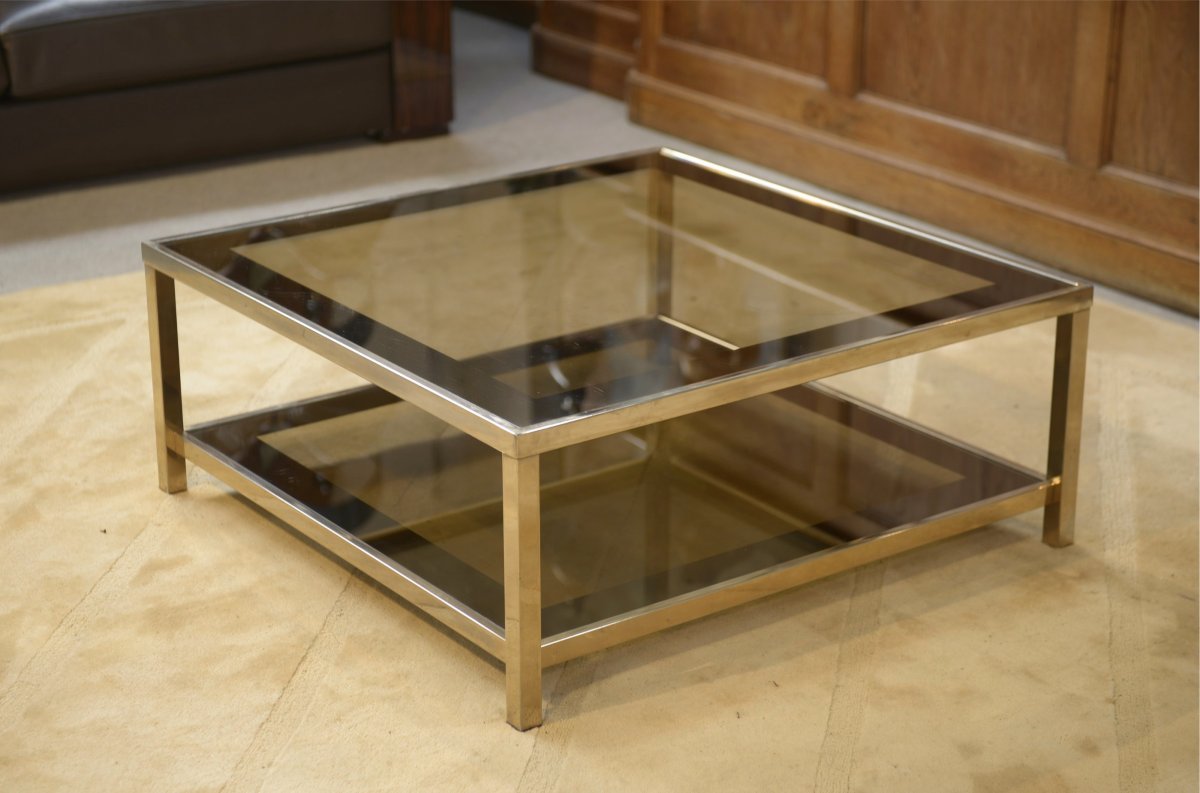 Table basse Hollywood Regency en verre fumé et encadrement miroité 1970's-photo-4