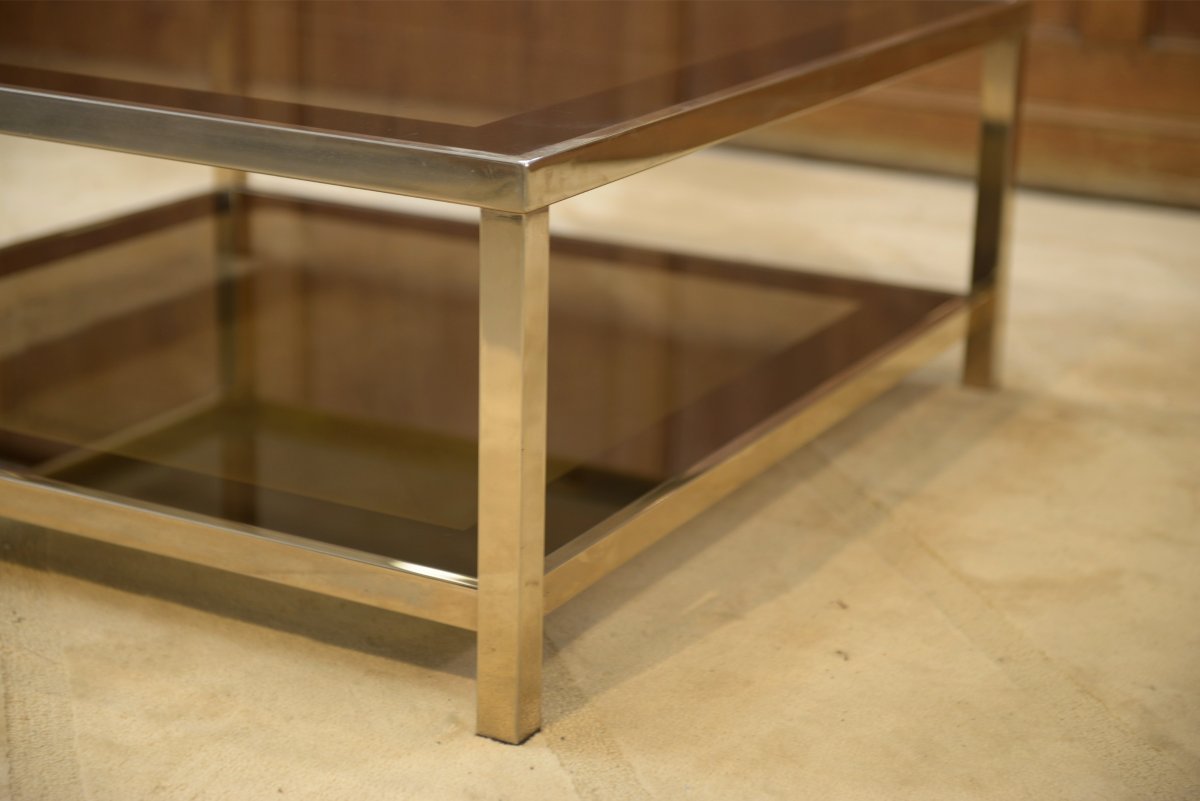Table basse Hollywood Regency en verre fumé et encadrement miroité 1970's-photo-5