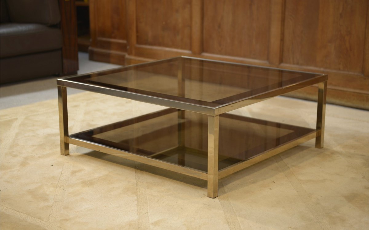 Table basse Hollywood Regency en verre fumé et encadrement miroité 1970's