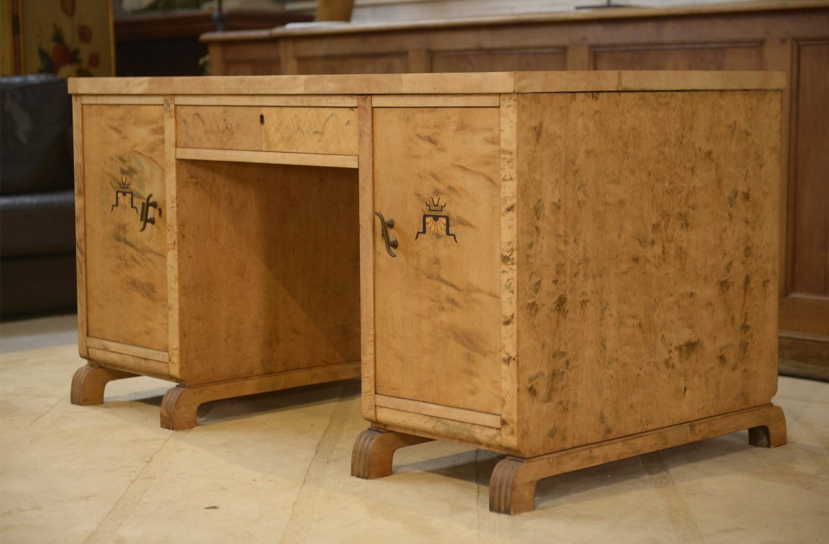 English Desk Made Of Burl Birch With A Honeycomb-patterned Marquetry, 1950s-photo-3
