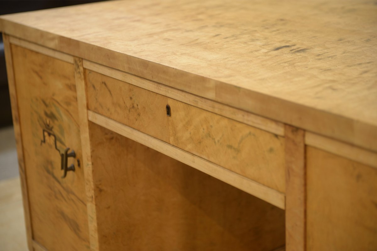 English Desk Made Of Burl Birch With A Honeycomb-patterned Marquetry, 1950s-photo-5