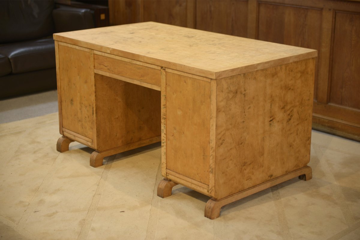 English Desk Made Of Burl Birch With A Honeycomb-patterned Marquetry, 1950s-photo-8