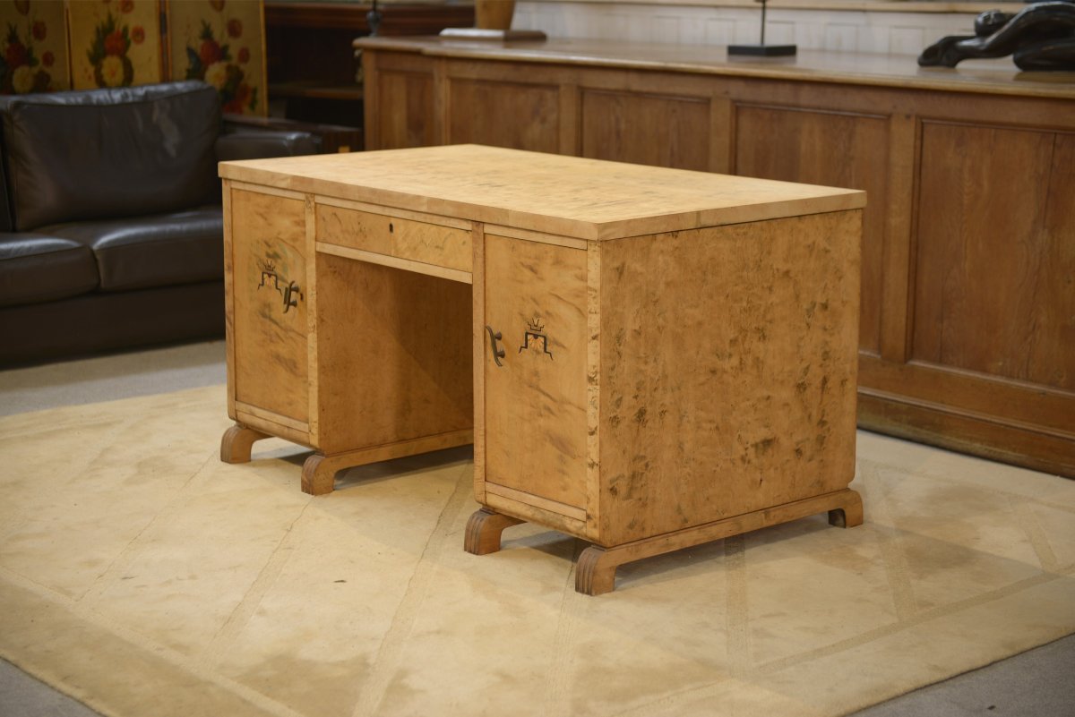 English Desk Made Of Burl Birch With A Honeycomb-patterned Marquetry, 1950s