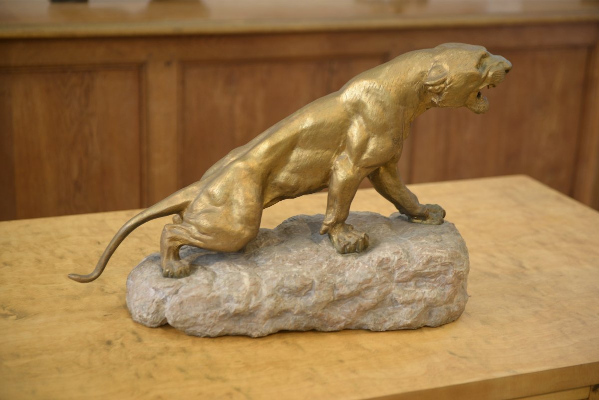 Bronze Panther On A Stone Pedestal, Signed By Thomas Cartier, 1900s-photo-2