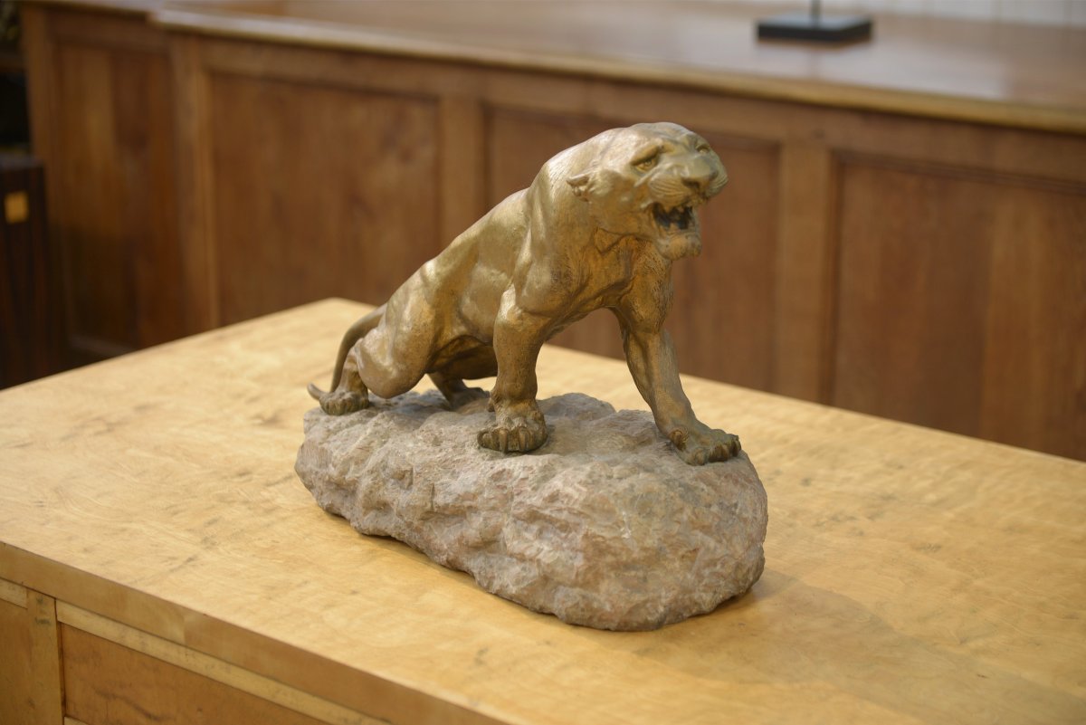 Bronze Panther On A Stone Pedestal, Signed By Thomas Cartier, 1900s-photo-4