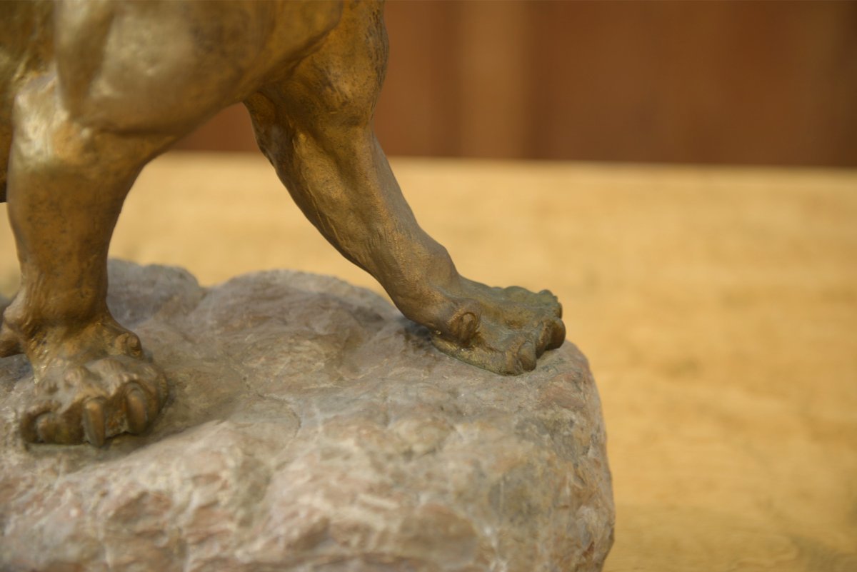 Bronze Panther On A Stone Pedestal, Signed By Thomas Cartier, 1900s-photo-3